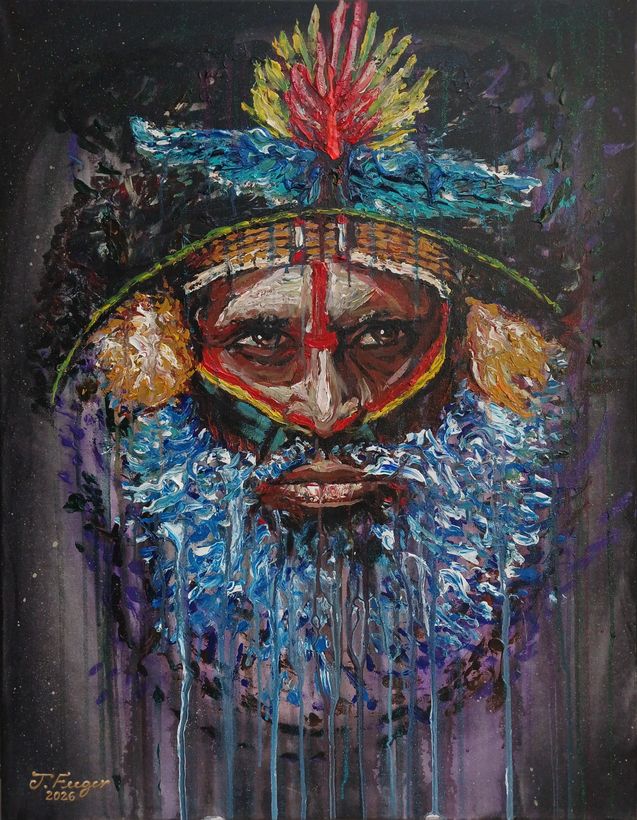 Highlands figure in ceremonial headdress with red and white face paint, framed by blue and white impasto plumage.